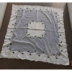 Christmas Tablecloth Cream Sheer Opaque Center Holly Gold Scalloped Edge 53"